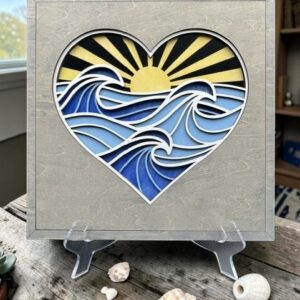 Layered Laser‑Cut Heart Ocean Waves & Sun – 11×11