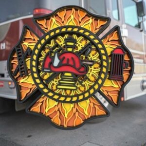 Firefighter Maltese Cross – Layered Wood Wall Art – Fire Service Tribute